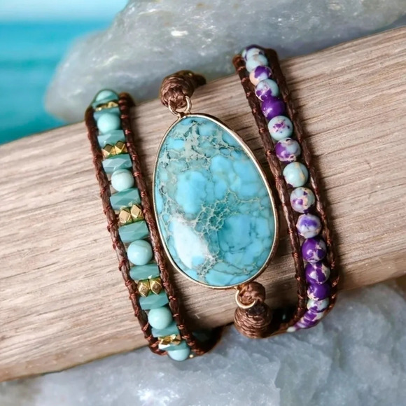 🆕️Handmade Blue Imperial Jasper Wrap Bracelet | Boho Chic Vintage Style 🌸🌊 - Picture 1 of 10